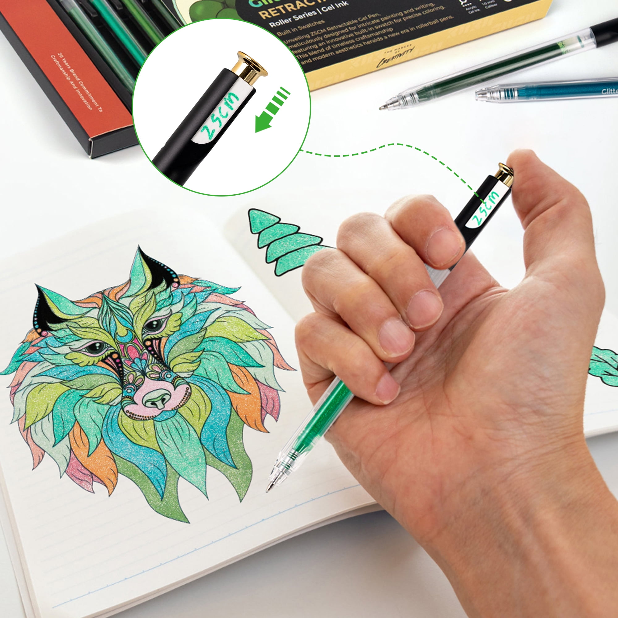 Retractable Glitter Gel Pens, 12 Colors Large Capacity Green Glitter Metallic Gel Ink Pen for Adult Coloring Book Note Taking Aesthetic Art Supplies