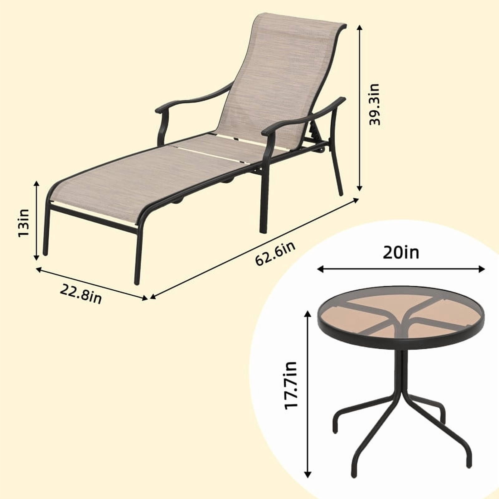 3-Piece Patio Chaise Lounge Set, Double Patio Lounge Chair with Glass Coffee Table, Patio Converstaion Set for Poolside Backyard