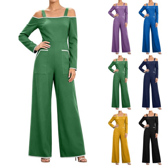 Tqcoqu Women's Cold‑Shoulder Jumpsuit, Contrast Piping Long Sleeve Wide Leg Floor Length Jumpsuit with Large Patch Pockets