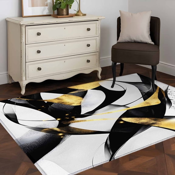Area Rug 48×72in, Abstract Black Gold White Lines Art Floor Carpet Living Room Rug, Modern Geometric Pattern Non-Slip Welcome Mat Indoor Rugs for Bedroom Dining Room