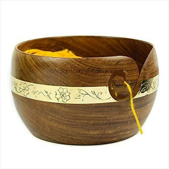 Wooden Yarn Bowl - Eternal Brass Polished Ring - 7 x 7 x 3 (Medium)