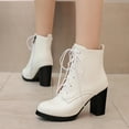 thumbnail image 3 of Womens High Heels Combat Boots 2025 Fashion White Leather Pointed Toe Chunky Block Heeled Mid Calf Short Dress Ankle Booties White Size 10.5, 3 of 8