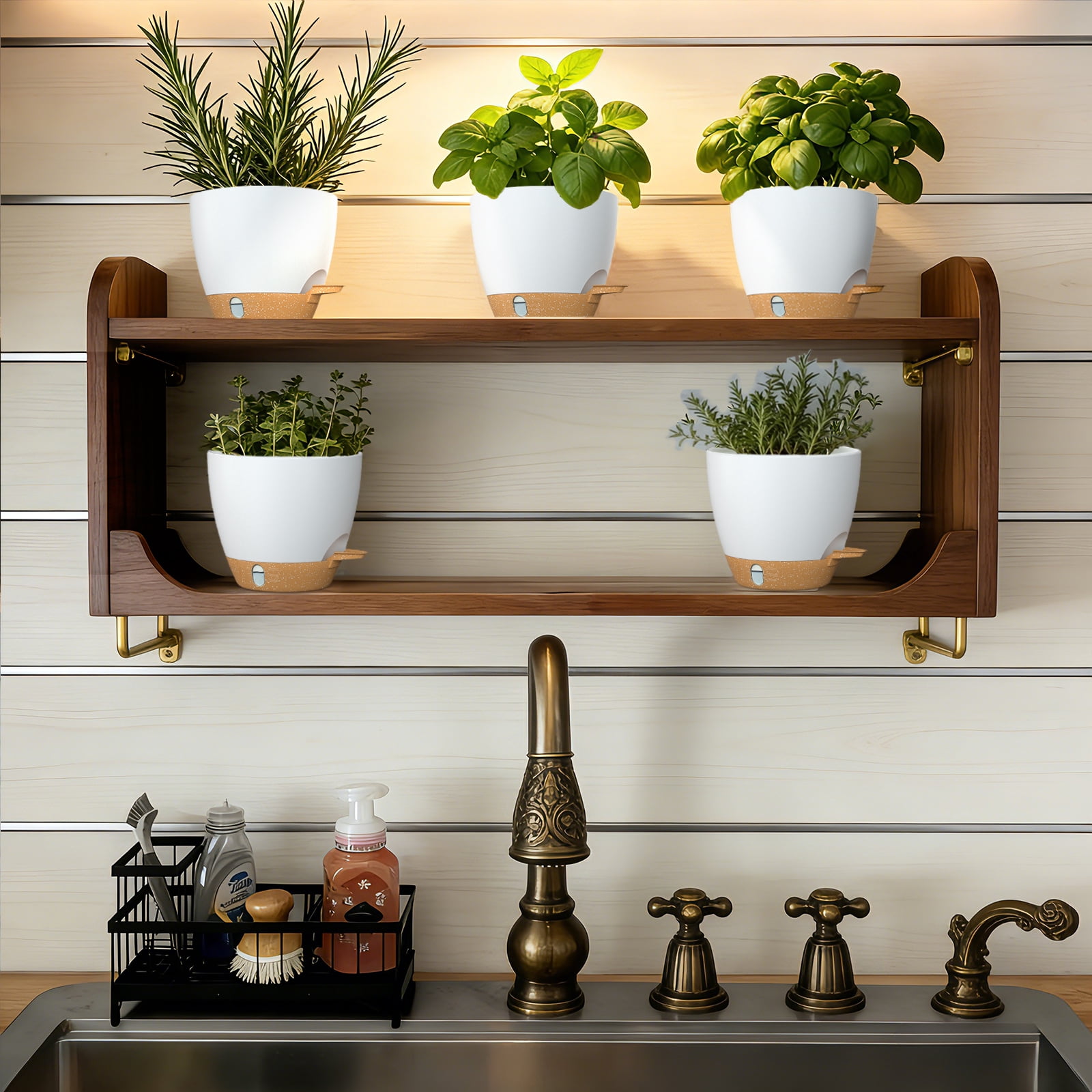 FIASON 5 Pack 6 Inch White with Brown Self Watering Plant Pots, with Watering Lip, Drainage Holes & Removable Saucer, Flower Planters for Indoor Outdoor Garden House Plants
