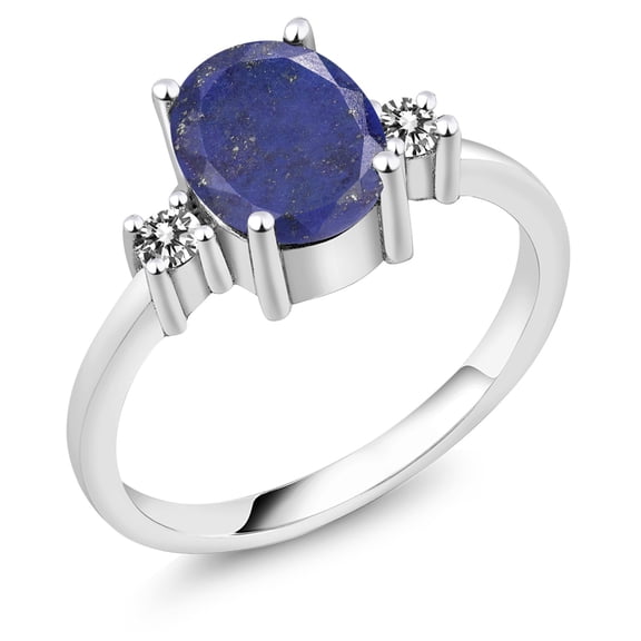 Gem Stone King 2.13 Ct Oval Blue Lapis White Diamond 925 Sterling Silver Ring (Size 8)