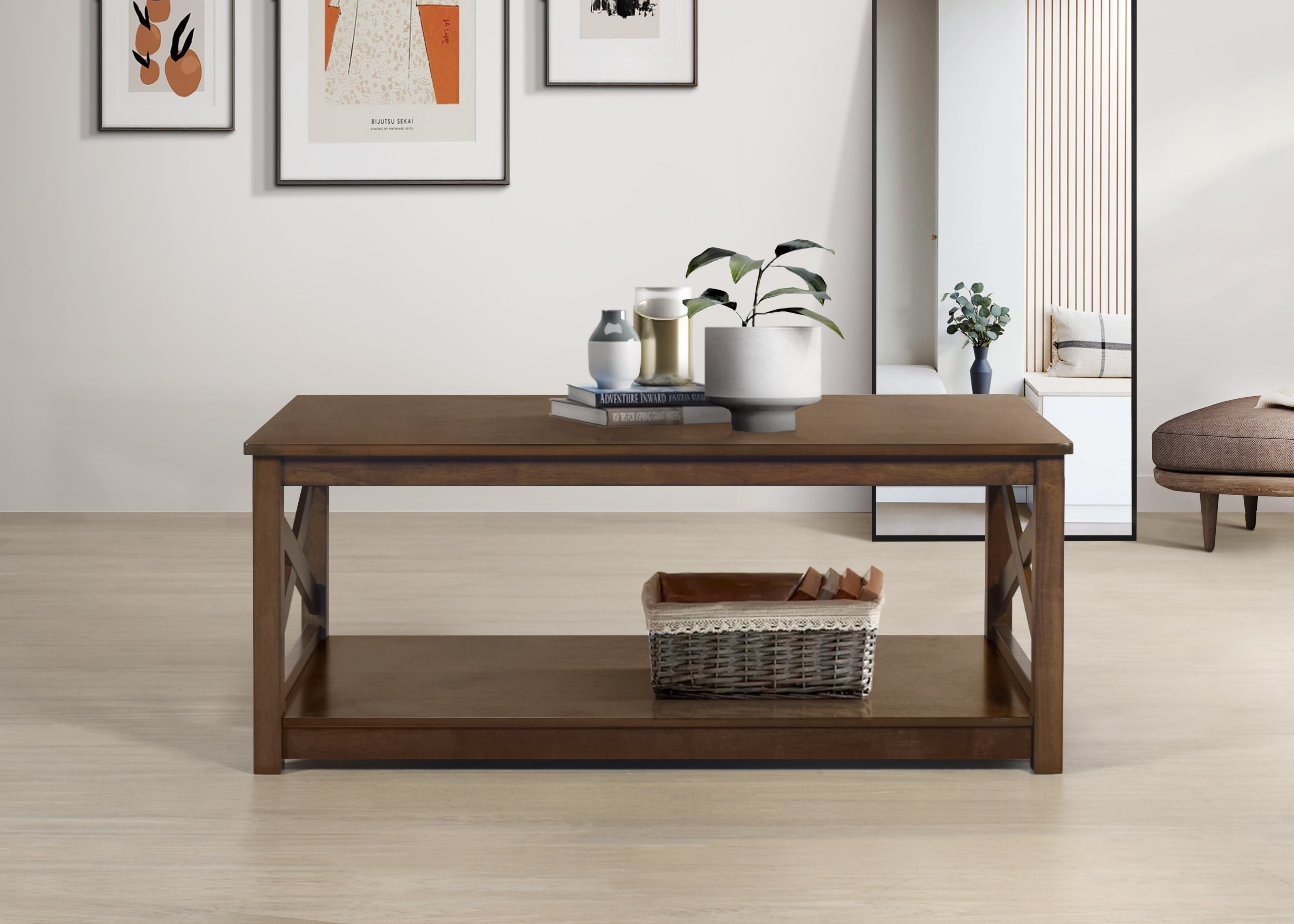 Home Design Novato 3-Piece Coffee Table Set with Rectangular Coffee Table and 2 Matching End Tables, X-Shaped Side Design with Open Shelf for Modern Living Room, Brown