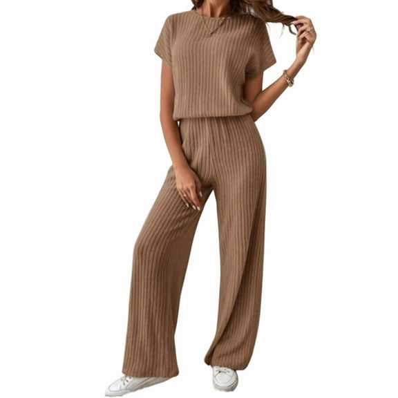 Women'S Casual Summer Travel Vacation Wear Two-Piece Suit Short Sleeve Wide Leg Pants Casual Suit Coffee S