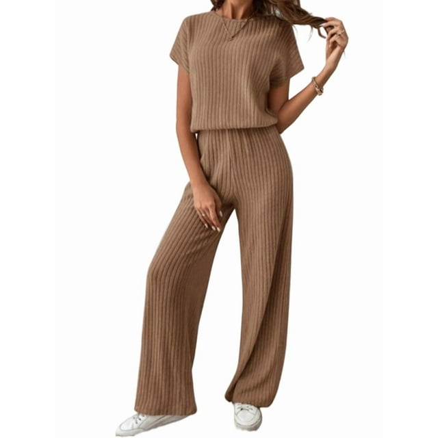 Traje Informal de Dos Piezas para Mujer, para Viajes y Vacaciones de Verano, con Corta y Pantalones Anchos. Café L