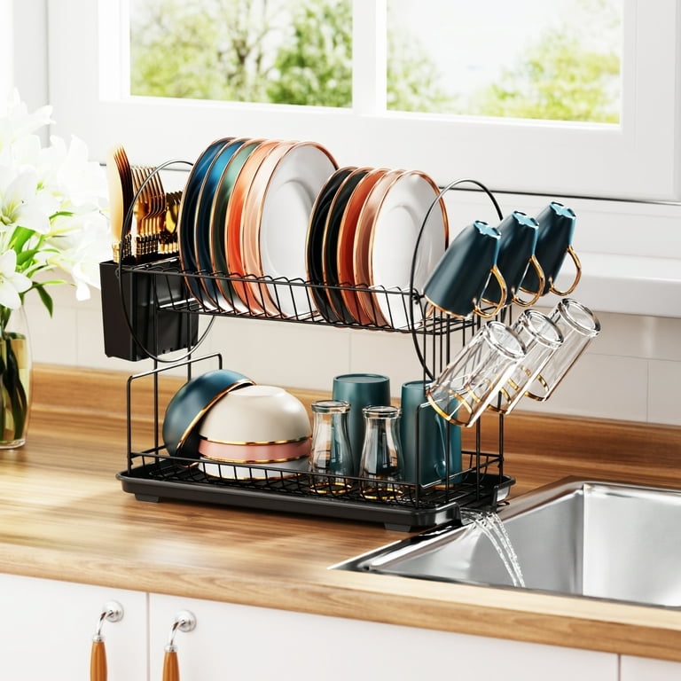 Stainless Steel Black Dish Drying Rack Over Kitchen Sink, Dishes