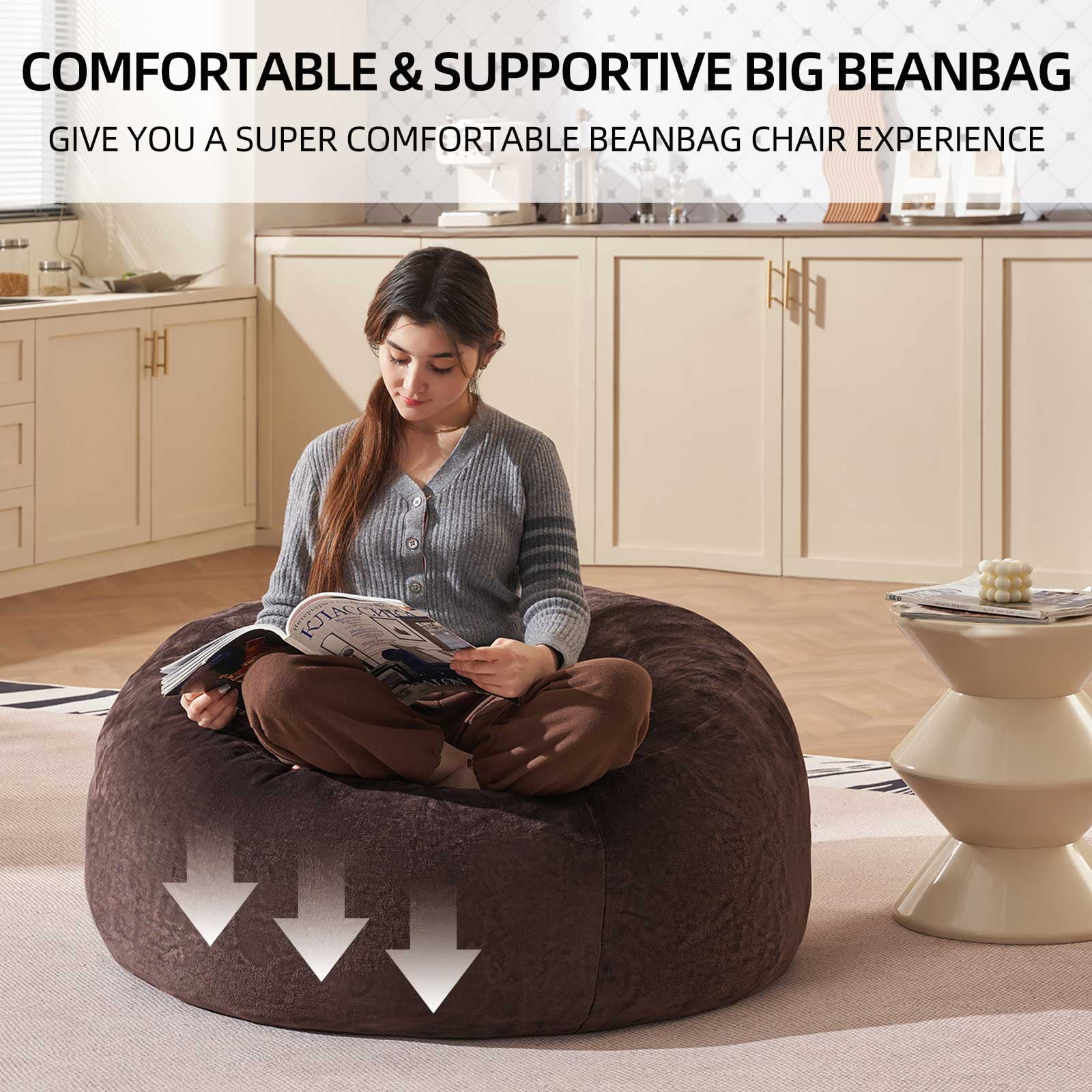 Bean Bag Chair 3FT,  Large Memory Foam Filled Chair for Adults and Teens, Soft Sofa with Removable Flannel Cover, Round Couch for Living Room Bedroom College Dorm