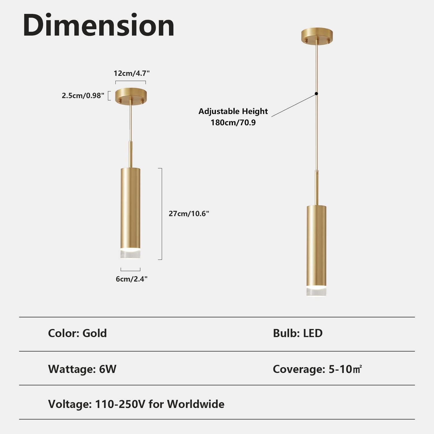 KCO Lighting LED Gold Mini Pendant Light, Modern Kitchen Island Ceiling Hanging Light Fixtures, Small Cylinder Ceiling Pendant Lighting