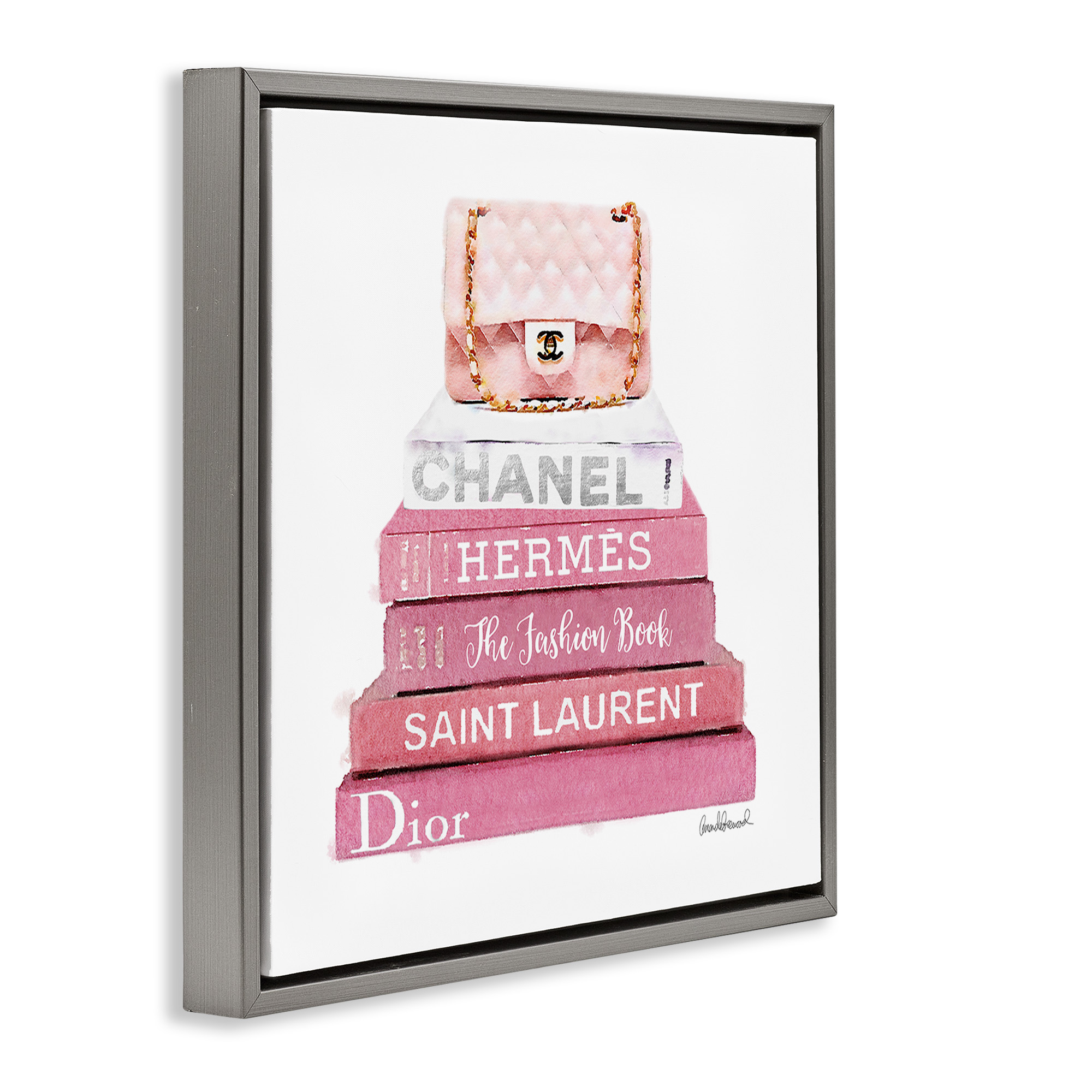 Stupell Industries Pink Book Stack Fashion Handbag Beauty & Fashion Painting Gray Floater Framed Canvas Art Print Wall Art, 18 x 18