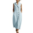 thumbnail image 3 of VBVC Women's Sleeveless Cotton-Linen Shirt Maxi Dress,Stand Collar Button Down Dress For Women,Ladies Casual Summer Work Beach Sundress with Pockets,Light Blue,S-2XL, 3 of 7