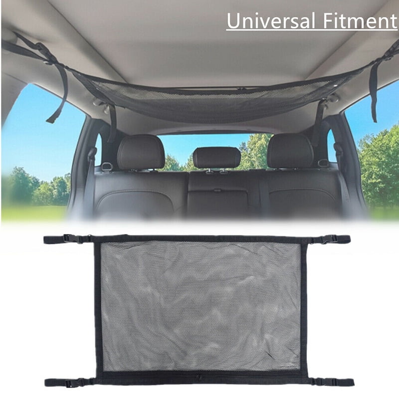 Black Car Ceiling Cargo Net Pocket,Universal Adjustable 2-Layer Car Roof Interior Sundries Storage Pouch with Zipper,Universal for Car SUV Truck Sundries Storage Pocket with Car Seat Hooks