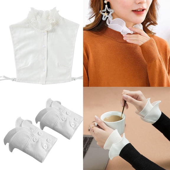 Segolike Detachable Collars Double Layer Ribbed Striped Agaric Ruffles Patchwork Waist Cuff, Button Down Closure, Fashion Women's Shirt Decor