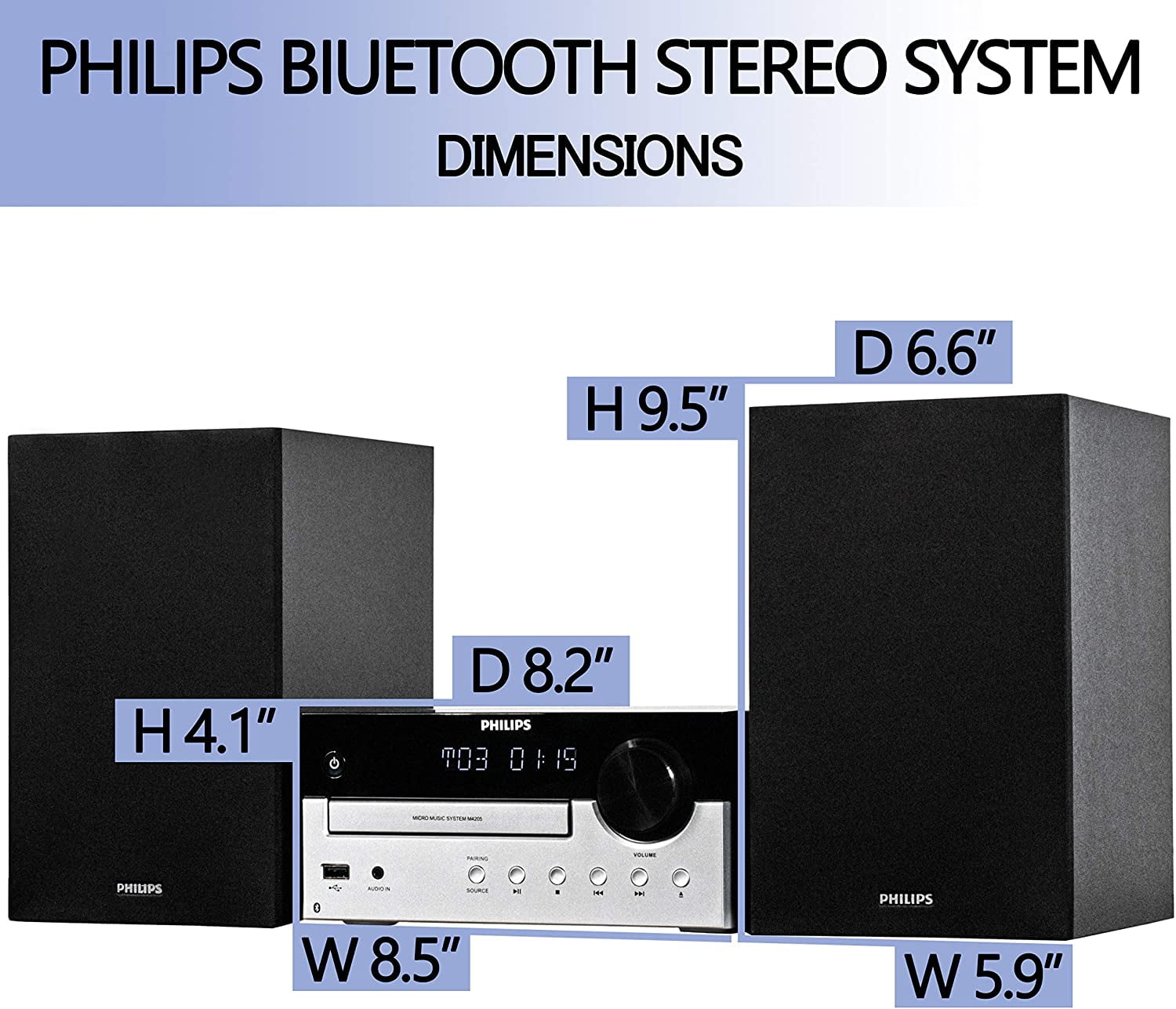 Philips 60W Compact Bluetooth Home Stereo System, Bookshelf-Style Sound System with Remote Control, FM Radio, 60W