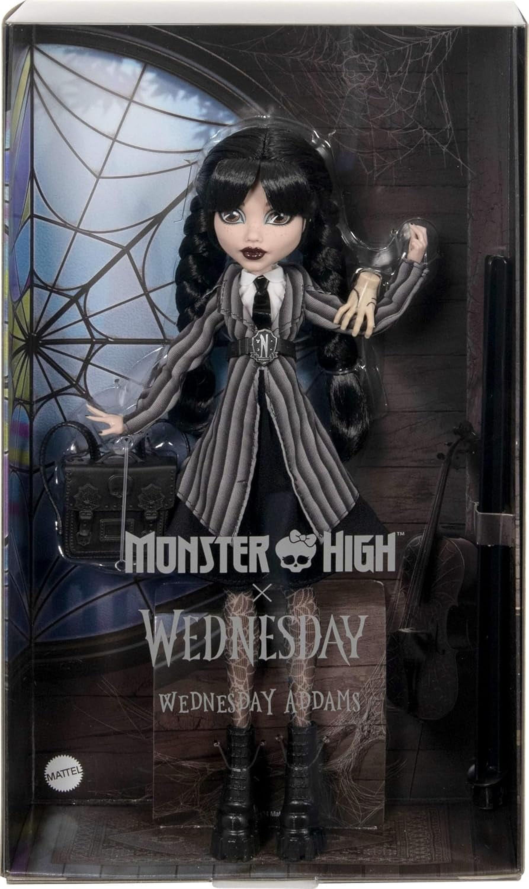 New Dolls Monster Wednesday Doll and Accessories, High Wednesday Addams Collectible in Nevermore Academy Uniform with Thing and Backpack, Doll Stand