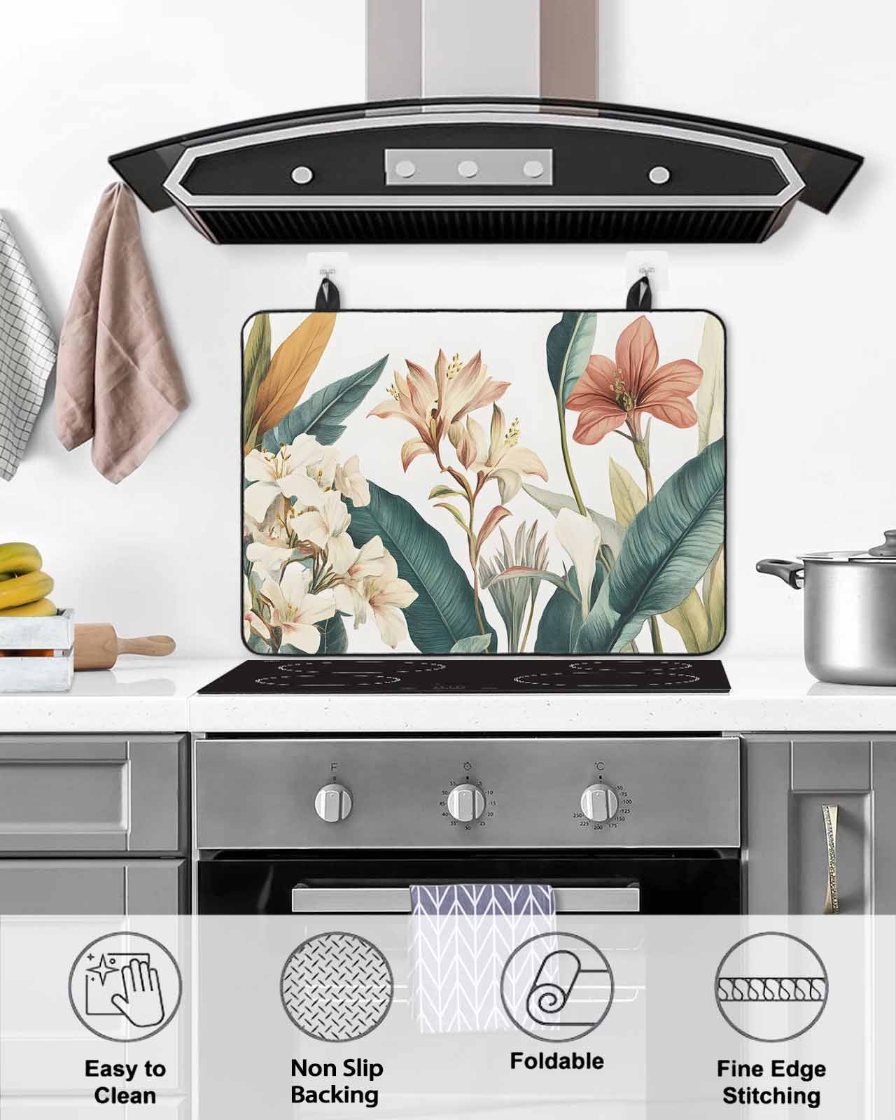 nqOlkjepod Large Induction Cooktop Protector Mat 24"x21", Tropical Floral Leaves Stove Top Covers for Electric Stove, Summer Watercolor Flowers Stove Burner Cover Mats, Glass Top Stove Cover