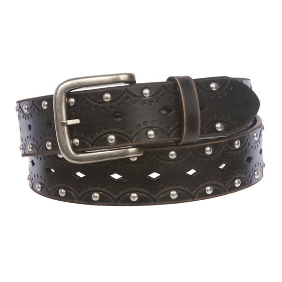 1 1/2" Snap on Perforated Vintage Embossed Studded Jean Belt