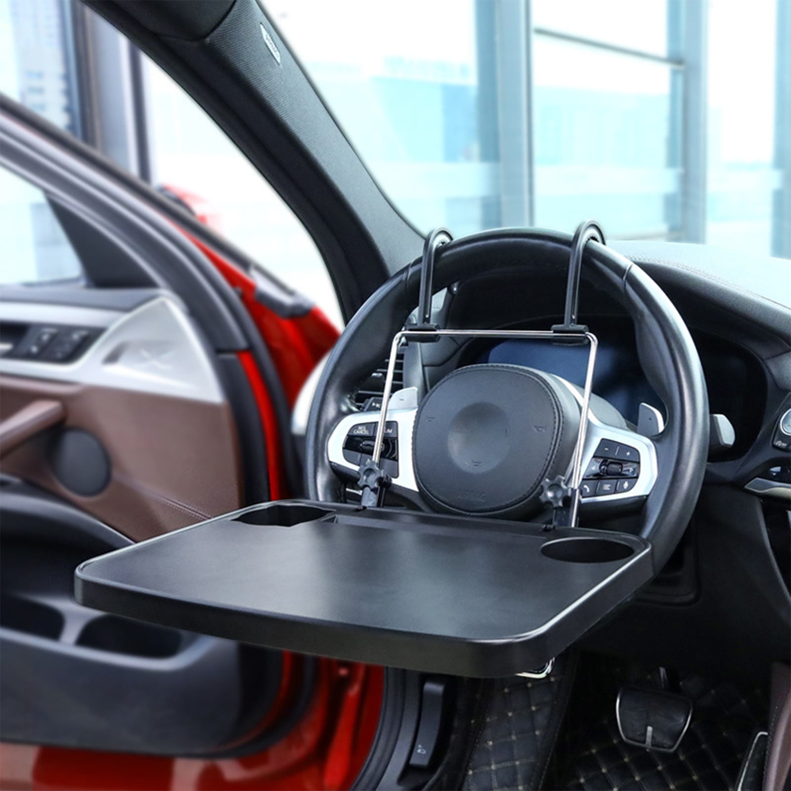 Wovilon Foldable Car Seat Back Portable Tray With Phone Mount For Food Dining Drink And Laptop, Hanging Car Steering Wheel Tray