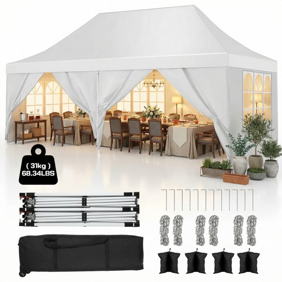 COBIZI 10x20 Pop up Canopy with 6 Removable Sidewalls,Outdoor Waterproof Canopy Tents for Partie Wedding,Instant Sun Protection Shelter with Upgrade Raised Roof and Wheel Bag,White