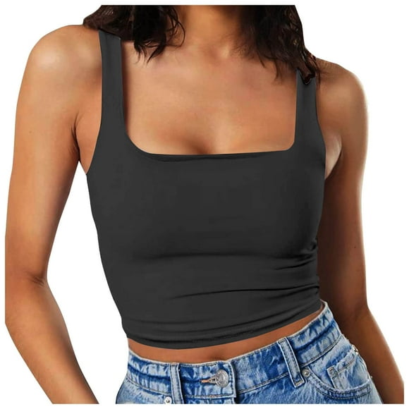 2025 Women Sleeveless Vest Square 3 4 Sleeve Crop Top Neck Double Layer Fitness Active Crop Casual Short Top