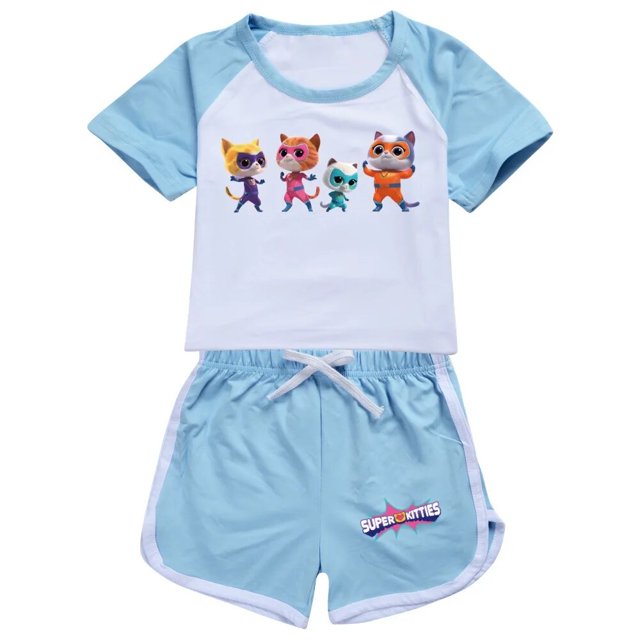 Ropa de superkitty para niñas y niños, conjunto de ropa de verano, traje deportivo de superkitty, camiseta + Pantalones, 2 piezas, pijamas para bebés