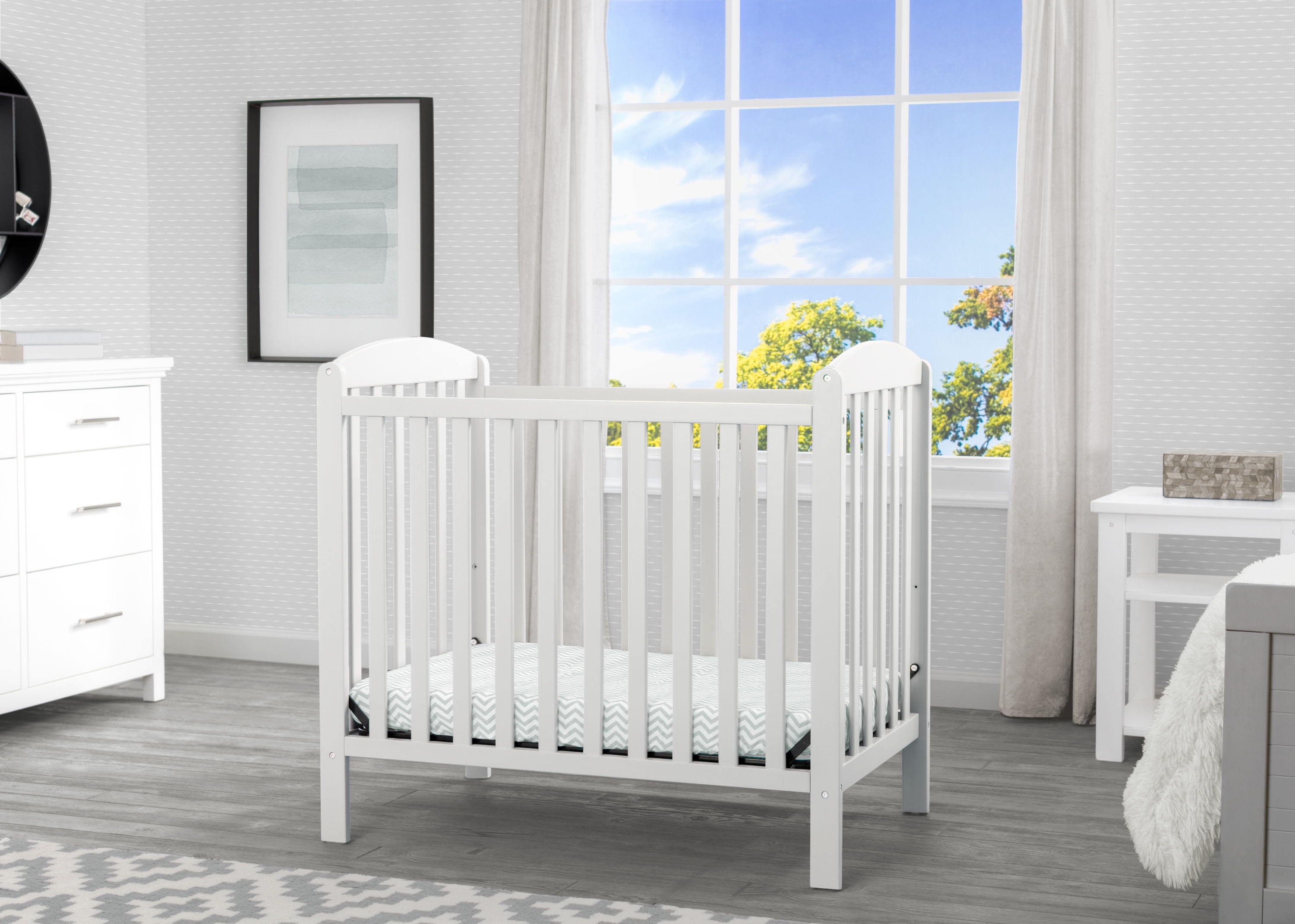 Delta Children Gateway Mini Convertible Baby Crib with Mattress, Bianca White