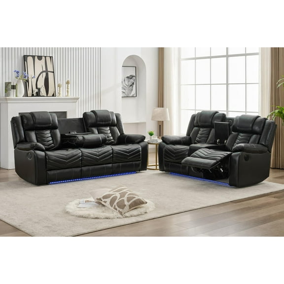 Othniel Power Recliner Sofa Set 5-Seater with Bass Speaker, Zero Gravity, Wireless Charger, LED Light, Faux Leather, USB & Type-C Ports,Reclining Loveseat,Couch with Recliner Black