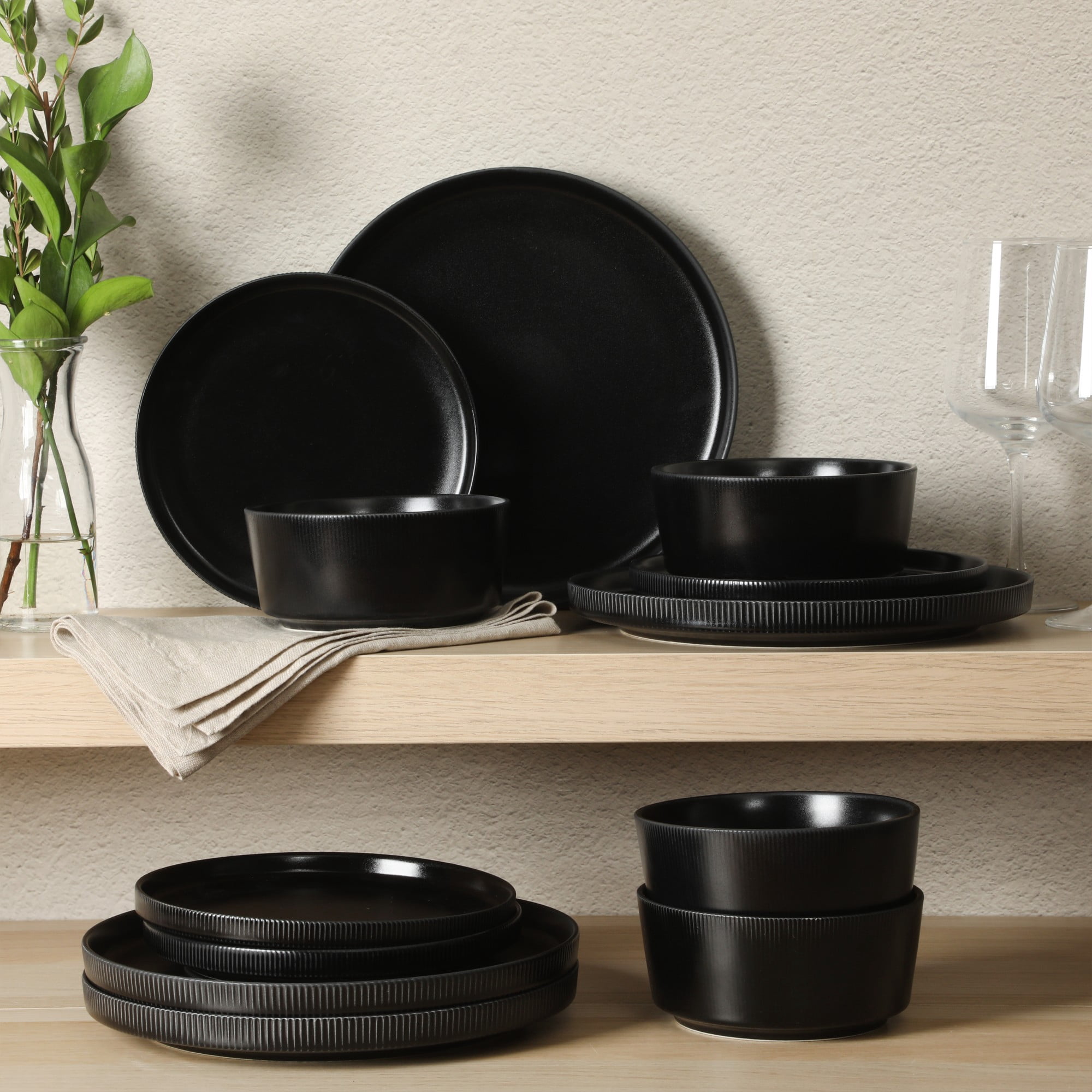 Gibson Home Dempsey Road 12-Piece Stoneware Dinnerware Set – Service for 4, Round Black Plates and Bowls, Durable Solid Color Modern Embossed Dish Set, Microwave & Dishwasher Safe