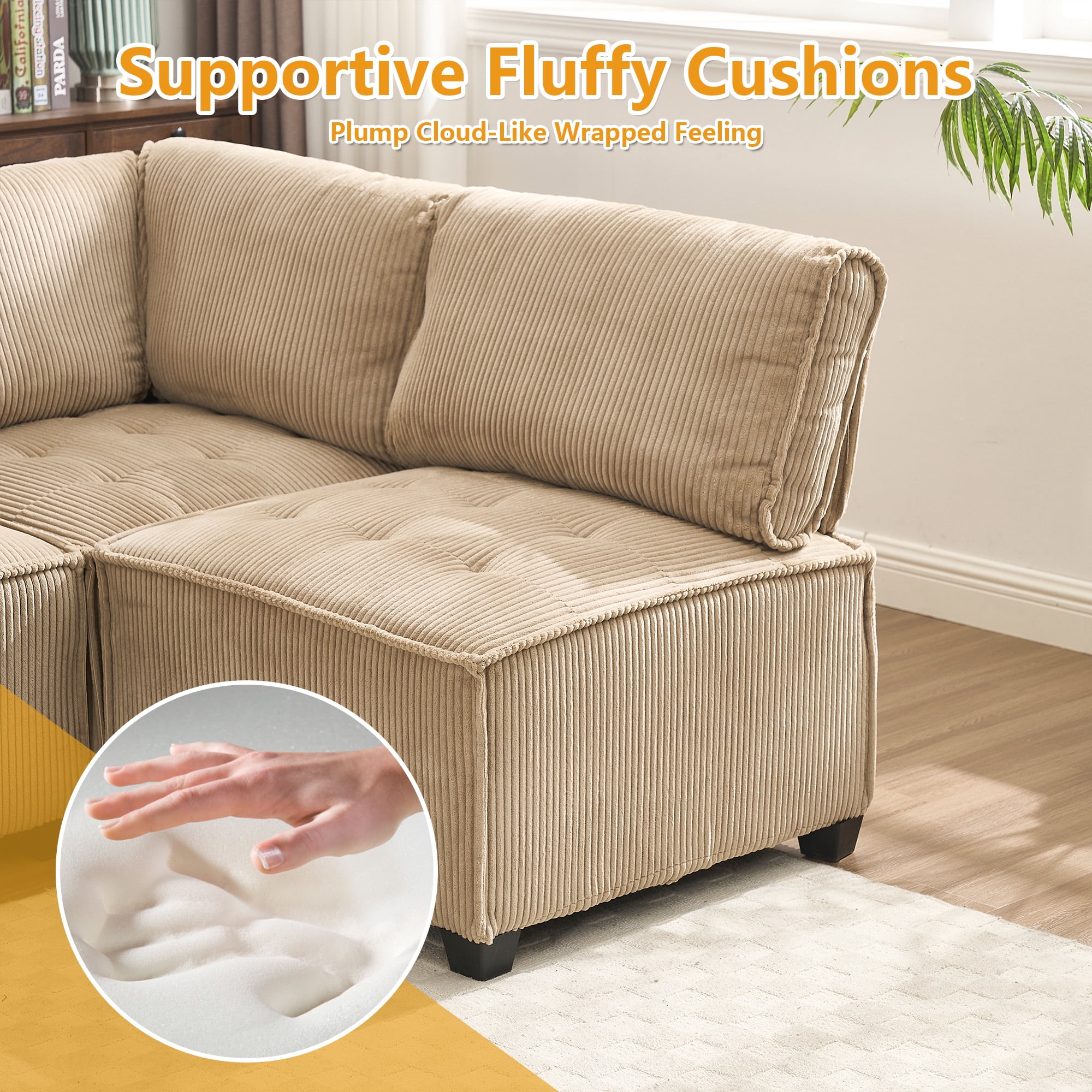MOONMISS U-Shaped Corduroy Upholstered 6-Seat Convertible Modular Sectional Sofa Fit for Living Room-Khaki