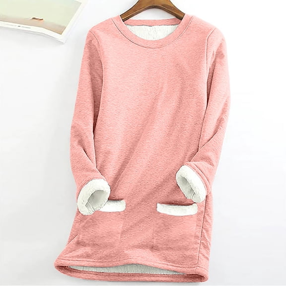Lenago Women's Thermal Tops Plus Size Round Neck Pocket Thickened Plush Warm Long Sleeve Tops