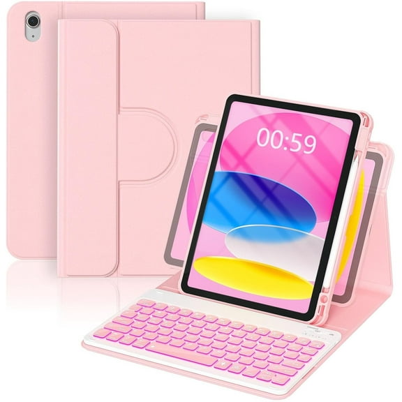 for iPad A16 Case with Keyboard 11th &10th Generation, 360 Rotation Magnetic Cover with 7-Color Backlit Wireless Detachable Keypad