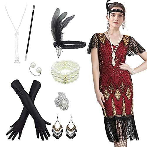 Robe à Franges Longues à Sequins Inspirée des Années 1920 pour Femmes Gatsby avec Ensemble d'Accessoires, Or&Rouge, Très Grand