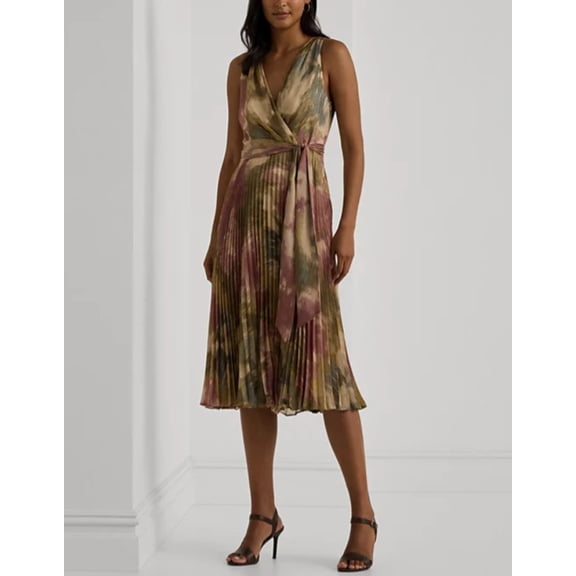 Lauren Ralph Lauren Women's Sleeveless Floral Metallic Dress Clay Tan Size 8
