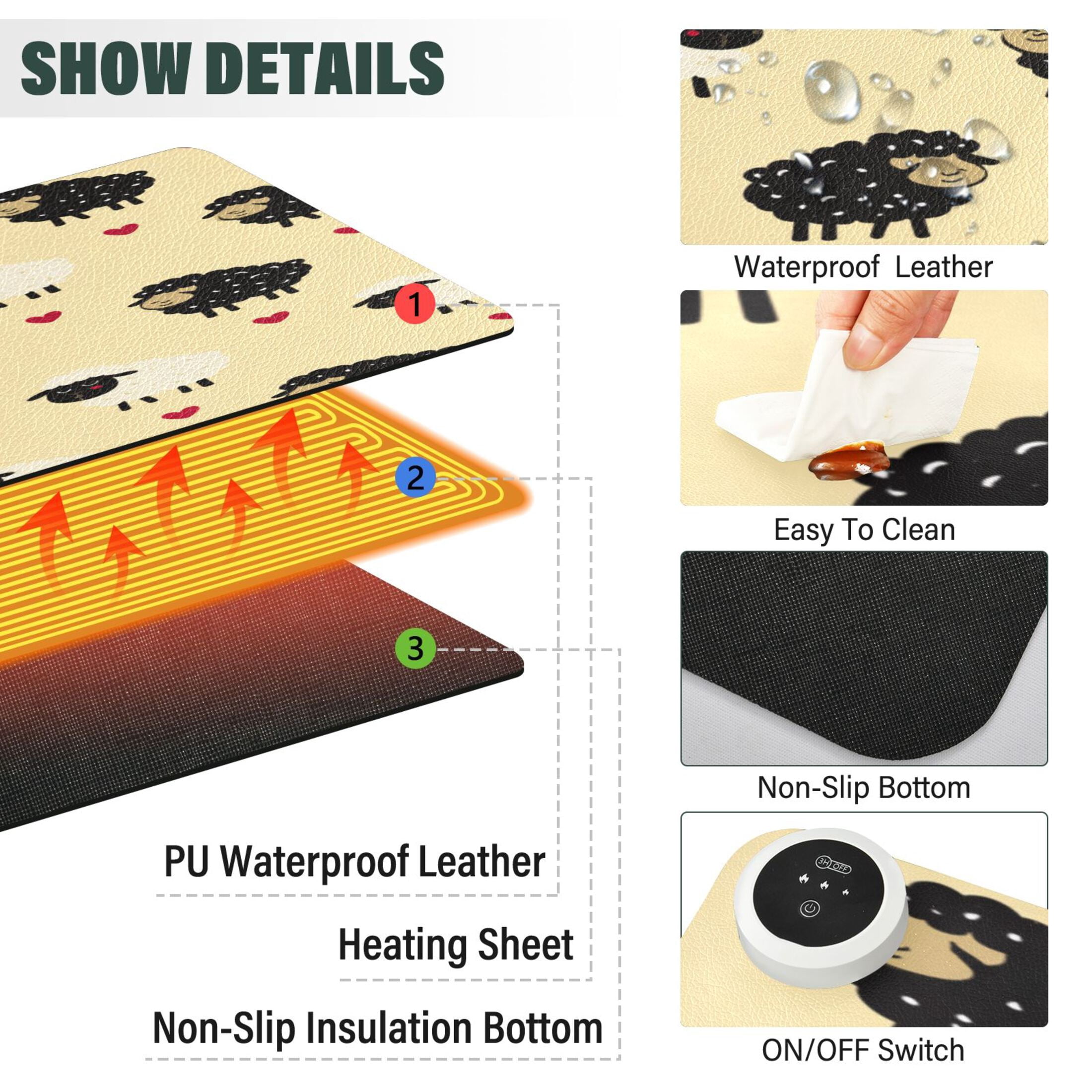 Large Heated Desk Mat Mouse Pad 31.5"x13"PU Leather Graphene Heating Desk Warmer with 3 Temperature Settings 110V US Plug Non-Slip Warm Pad for Home, Office, and Gaming Cute Sheep Heart Pattern