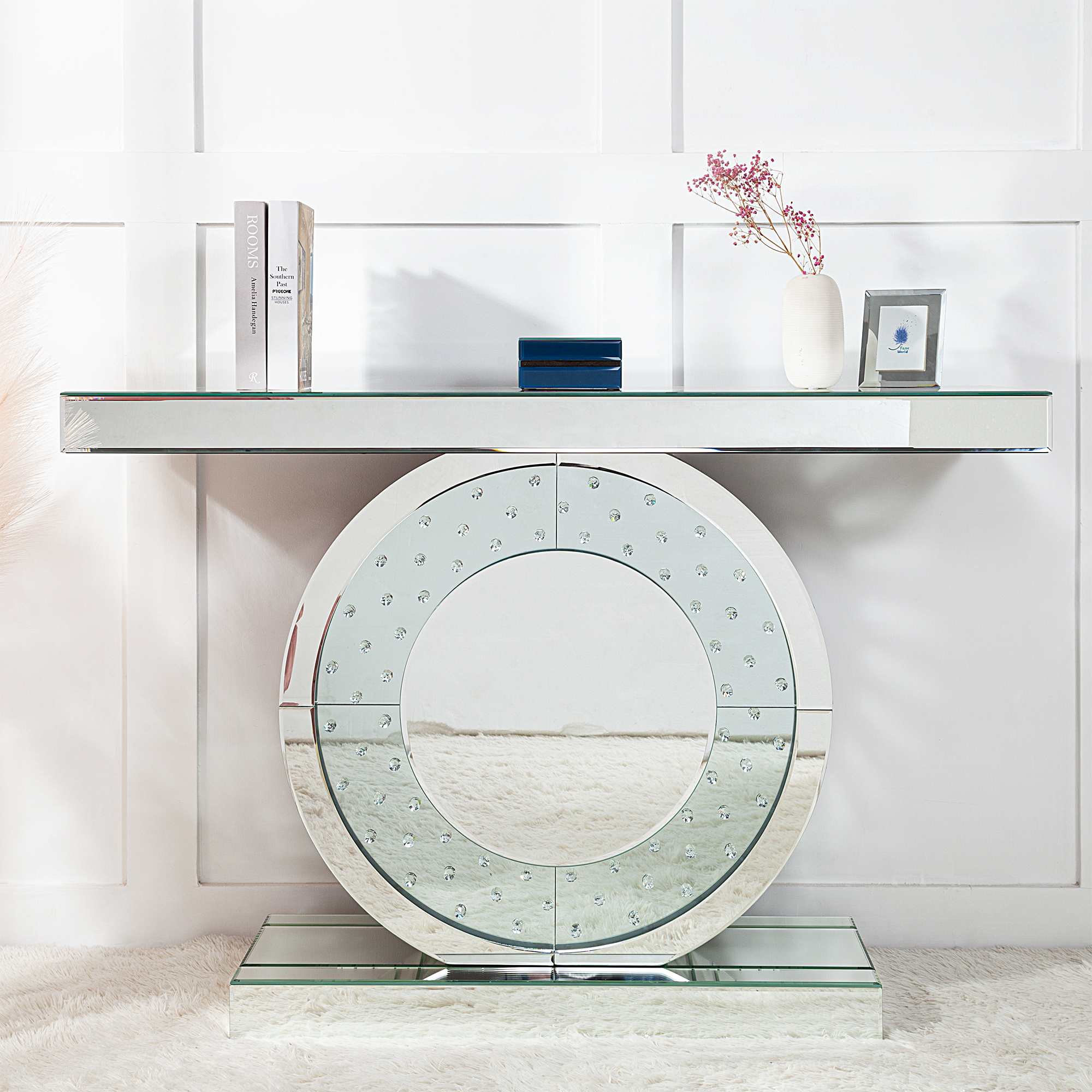 Entrance Table Silver Console Table Mirrored Accent Table with O-Base Rectangle Crystal Table for Living Room Hallway