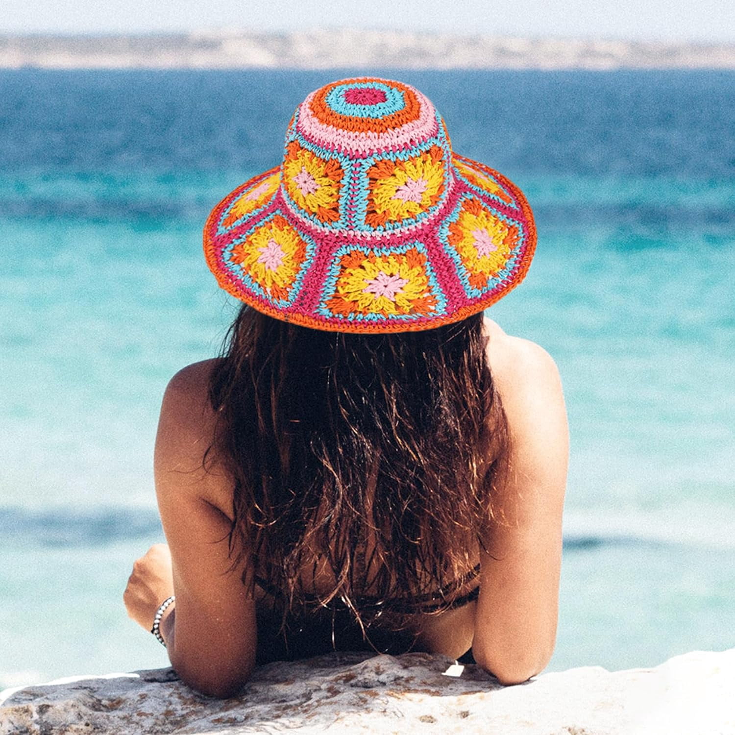 Multicolor Floral Crochet Straw Sun Hat Foldable Packable  display picture 1