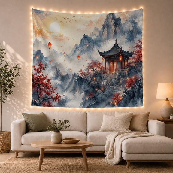 Chinese Temple on Misty Mountain Cliff, Serene Watercolor for Nature Lovers, Landscape Wall Art, Housewarming Gift, Tapestry Wall Hanging for Study Room and Living Room