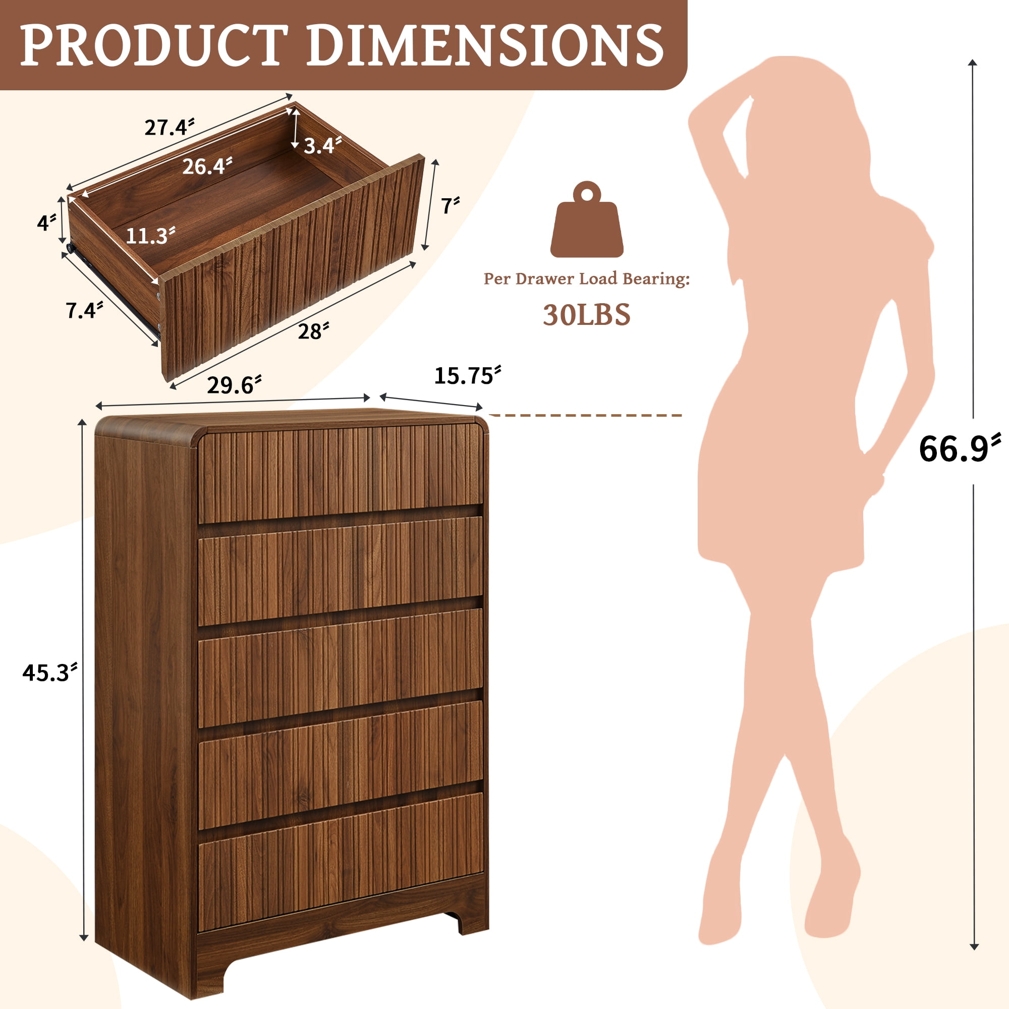 LEFHDA Fluted 5 Drawers Dresser for Bedroom, Mid Century Modern Storage Dressers, 45.3" Tall Wood Fluted Dressers Organizer for Bedroom, Living Room, Walnut Set of 2