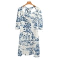 thumbnail image 6 of Blue And White Toile De Jouy Print Women's 3/4 Sleeve Dresses Elegant A-Line Midi Dress Flare Summer Casual Sundress, 6 of 9