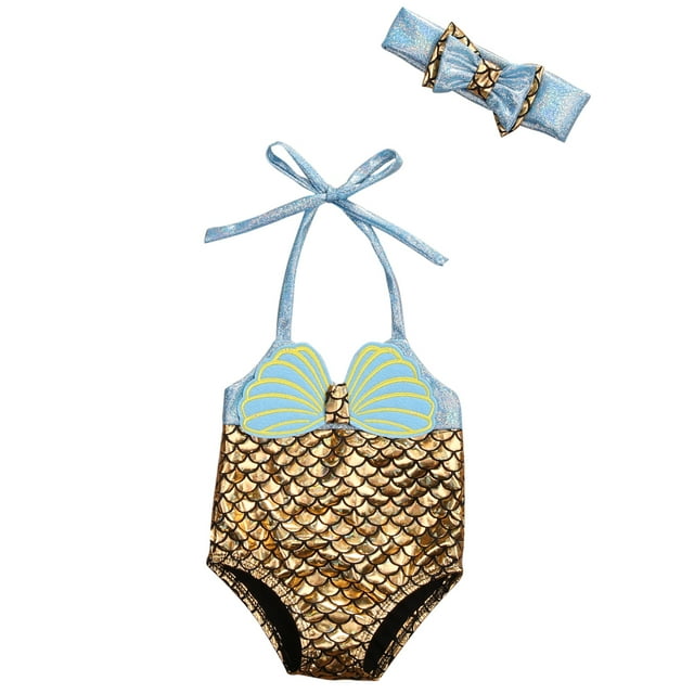 Gupgi Maillot de Bain une Pièce pour Fille, Imprimé Sirène Écailles de Coquillage, à Lacets