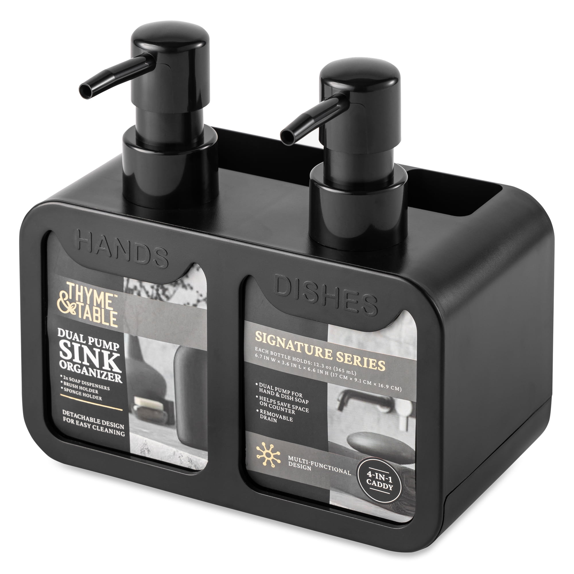 (2 pack) Thyme & Table 2-in-1 Dual Soap Pump and Caddy, Multi-Purpose Sink or Countertop Organizer Caddy, Great for Sponges and Brushes