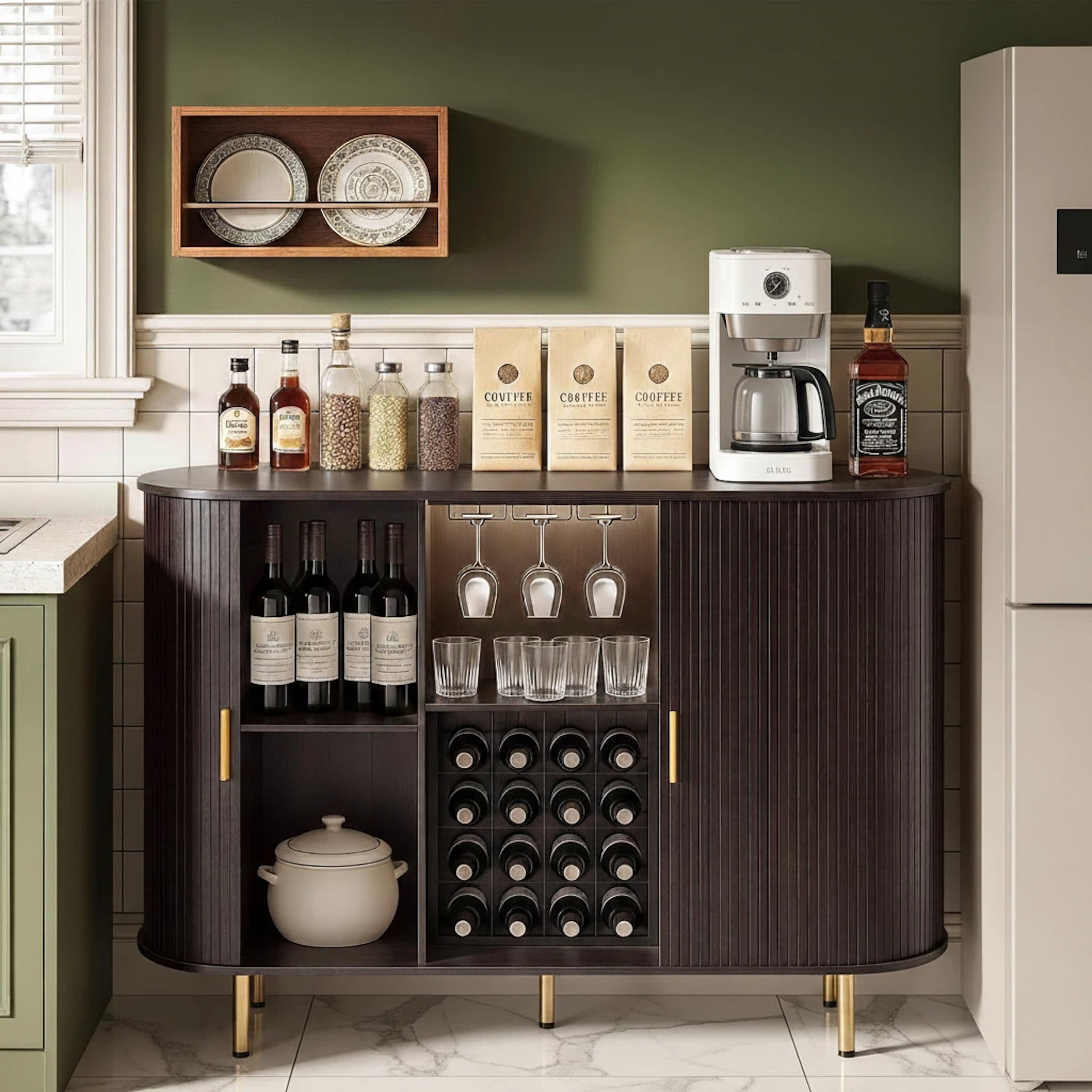 Aisword 55" Wine Bar Cabinet with Storage, Fluted Liquor Coffee Bar Cabinet with LED Lights, Buffet Sideboard, Brown
