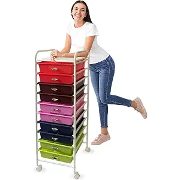 USTECH 10-Drawer Rainbow Mobile Storage Organizer Cart with Tray, for Crafts, Makeup, Beauty & Art Supplies