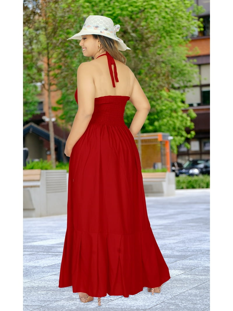 LA LEELA Women's Solid Halter Tube Top Maxi Evening Frill