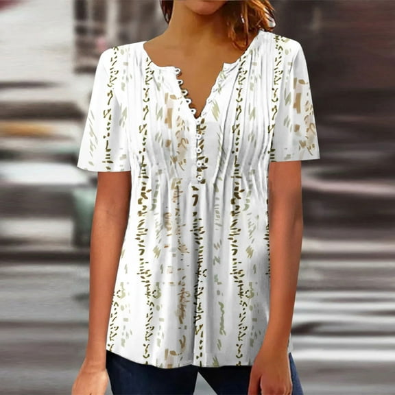 Pincandy Women‘s Summer Sexy Fold Printed Regular Women Short Sleeves V Neck Button Tops Blouse Tunic Tops V Neck Summer Shirts Floral Print Tops Dressy Blouse,White,S