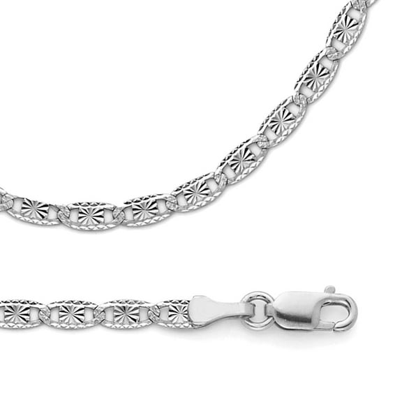 Valentino Chain Solid 14k White Gold Necklace Flat Link Diamond Cut Star Edge Genuine, 2.6 mm - 16,18,20,22,24 inch