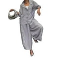 thumbnail image 2 of BAETEUY Women Casual Suit Long-Sleeved Shirt Top Wide-Leg Harem Pant 2-piece Set Autumn Lapel Striped Nine-Point Pant Female Outfit Suit, 2 of 8