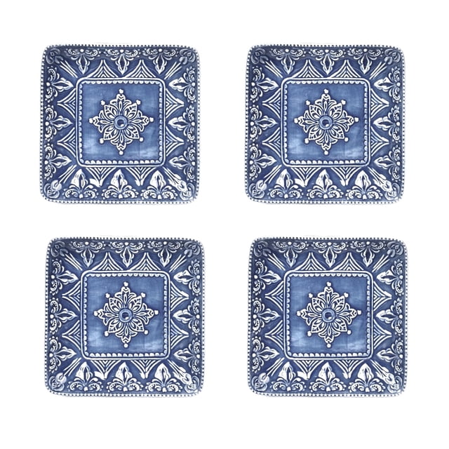 Sungmor Vajilla de Comedor Fina de Gres en Relieve, Platos Cuadrados de Porcelana de Estilo Barroco Antiguo de 6 Pulgadas, Juego de 4