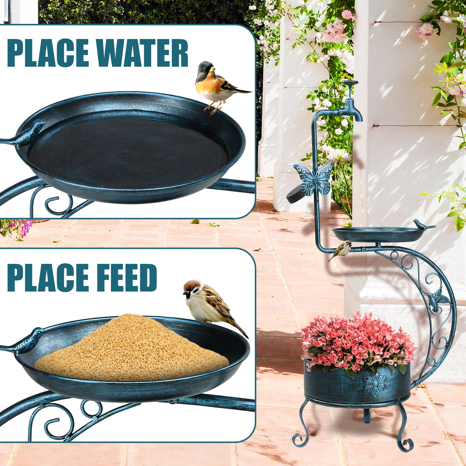 UBesGoo Bird Bath for Outside with Solar Lamp and Removable Flower Planter Pedestal 36in Vintage Metal, Antique Blue